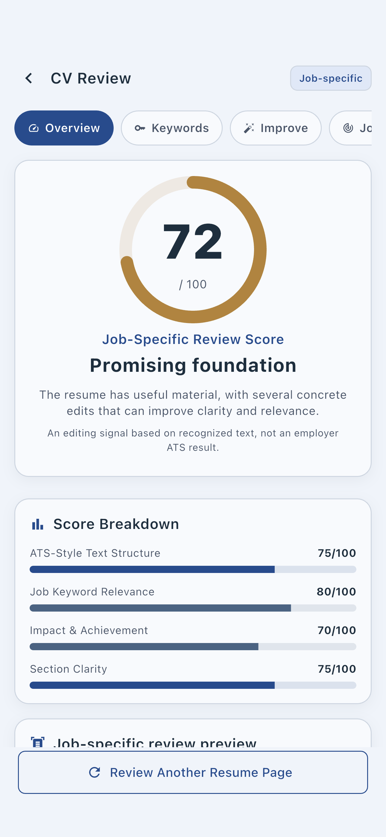 CVCheck job-specific resume review overview showing an editing score and text-based breakdowns